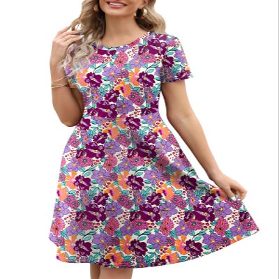 A-Line Dress for Womens Summer Casual Office Professional Elegant Work Floral Print Vintage 50s Knee Length Dresses with Pockets 262 Purple Blue XL