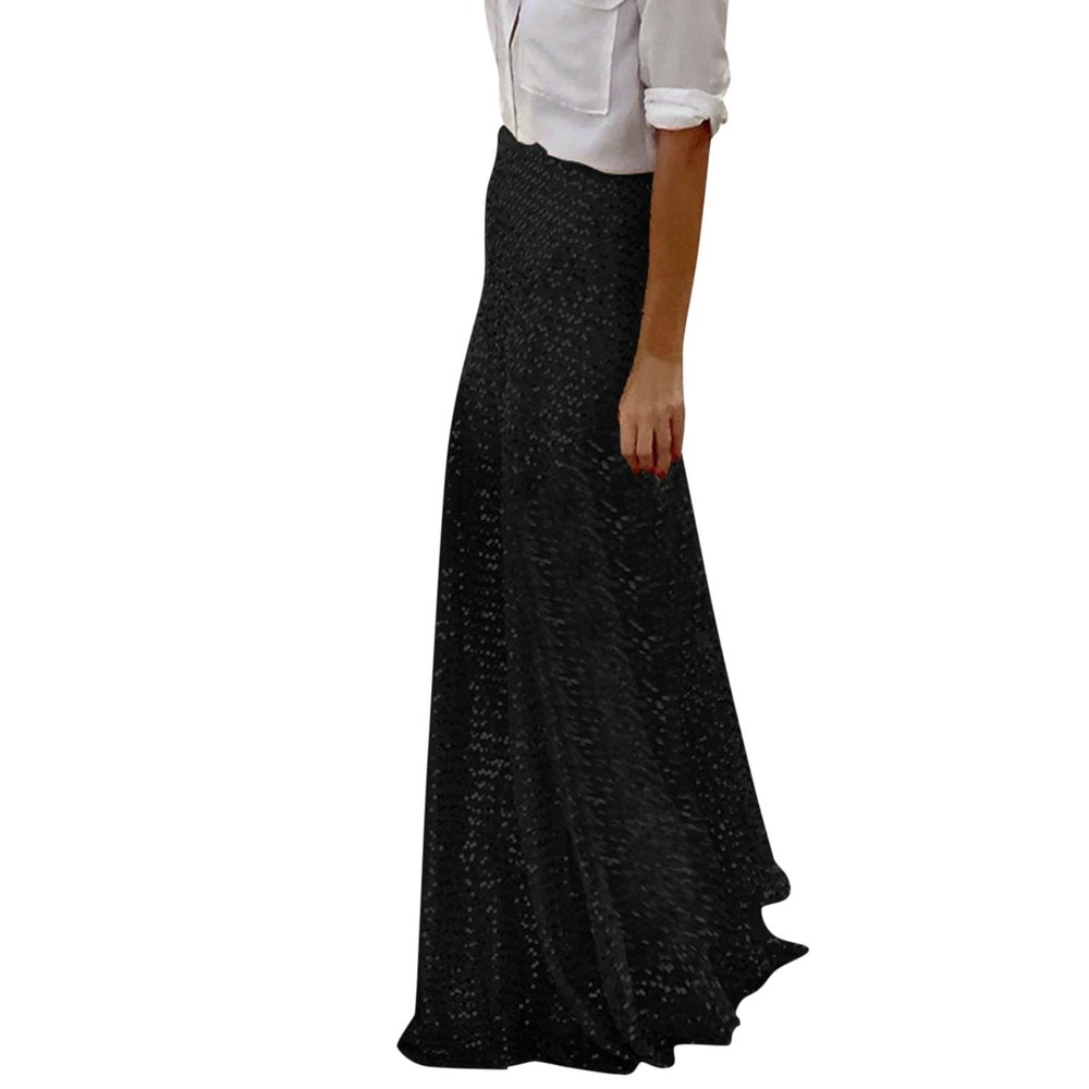 NineFit Basics Women's Sequin Maxi Skirts Vintage Elastic High Waist A-Line Skirts Elegant Maxi Cocktail Party Long Skirts Black, X-Large