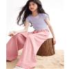 Rolanko Girls Wide Leg Pants Flowy Paperbag Summer Palazzo Trousers with Pockets Kids Linen Pants (Pink, 10-12) view 2