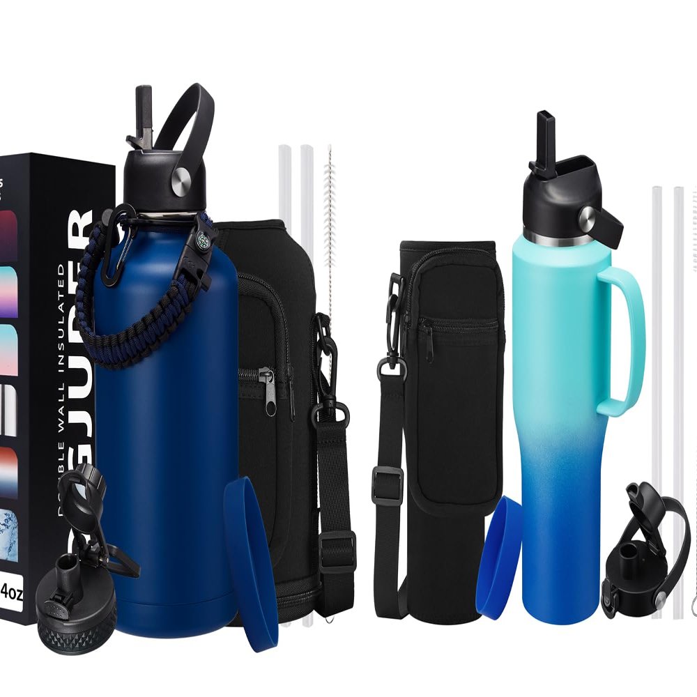 DIGJUPER 32 oz Water Bottles with Handle that Fit Cup Holders and 64oz Water Flask, Stainless Steel Water Bottle with Straw, Paracord Handle & Sleeve Strap