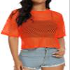 ZNVGIRL Womens Fishnet Sheer Top Short Sleeve Mesh Net Shirt See Through Plus Size Blouse(Bright Orange,M) view 1