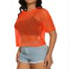 ZNVGIRL Womens Fishnet Sheer Top Short Sleeve Mesh Net Shirt See Through Plus Size Blouse(Bright Orange,M) view 2