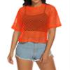 ZNVGIRL Womens Fishnet Sheer Top Short Sleeve Mesh Net Shirt See Through Plus Size Blouse(Bright Orange,M) view 3