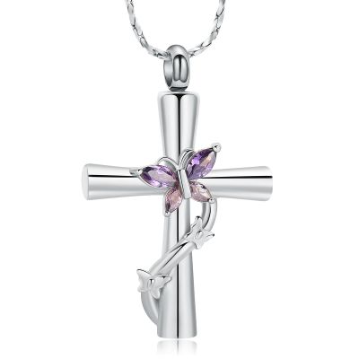 AIWENXI Butterfly Cross Urn Necklace for Ashes Birthstone Cremation Jewelry for Men Women Ashes Pendant Keepsake Memorial Ash Jewelry