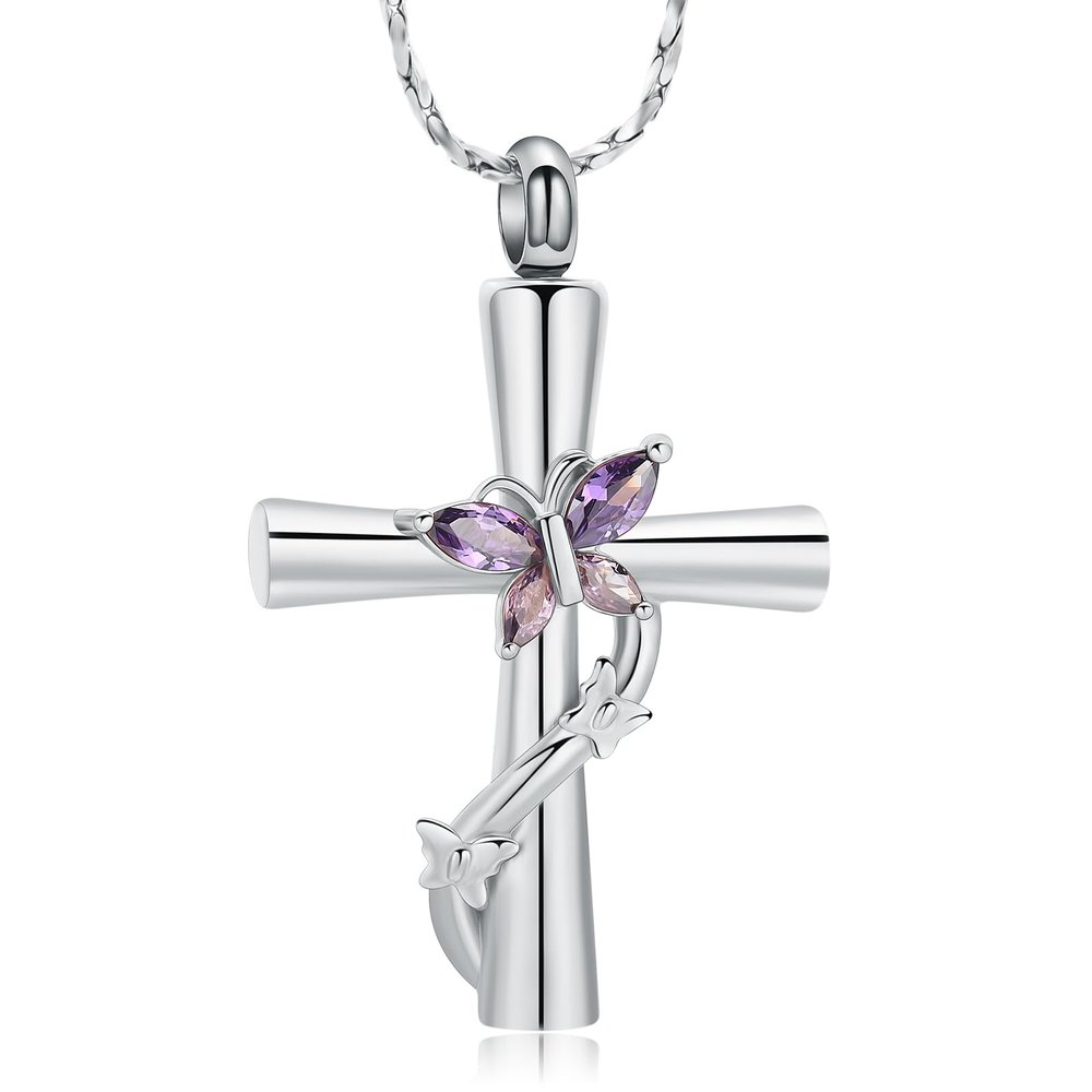 AIWENXI Butterfly Cross Urn Necklace for Ashes Birthstone Cremation Jewelry for Men Women Ashes Pendant Keepsake Memorial Ash Jewelry