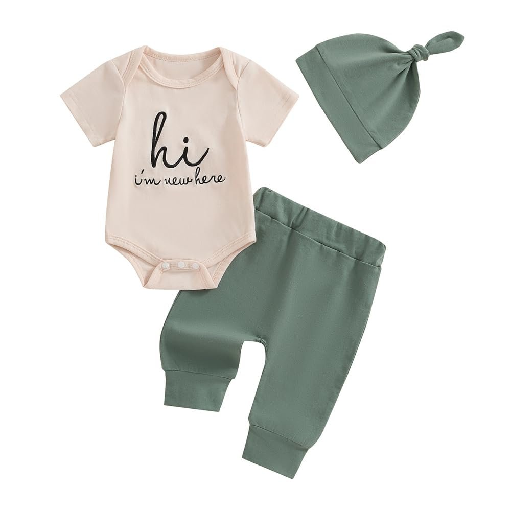 Twopumpkin Newborn Baby Boy Clothes Outfits Short Sleeve Romper Bodysuit Cotton Pants and Hat Coming Home Outfit (Embroidered Hi I'm New Here Green,0-3 Months)