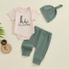 Twopumpkin Newborn Baby Boy Clothes Outfits Short Sleeve Romper Bodysuit Cotton Pants and Hat Coming Home Outfit (Embroidered Hi I'm New Here Green,0-3 Months) view 2
