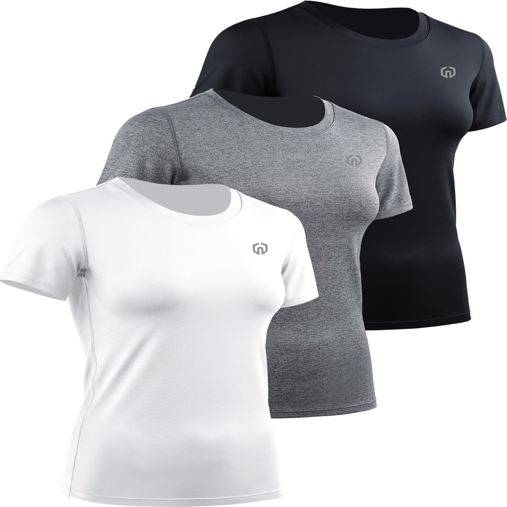NELEUS Women's 3 Pack Athletic Running Shirt Workout Compression Shirts for Yoga Gym,8017,Black/Grey/White,M