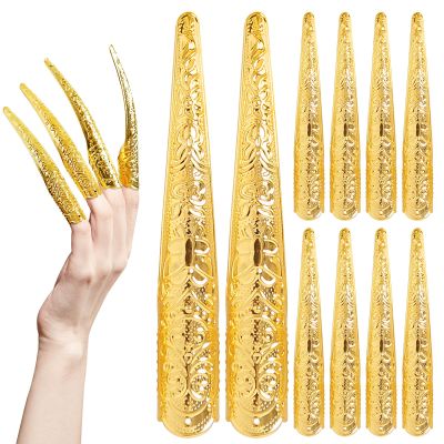 10PCS Long Finger Claws Fake Nail Rings Adjustable Women Halloween Costume Accessories Vampire Cosplay Gold