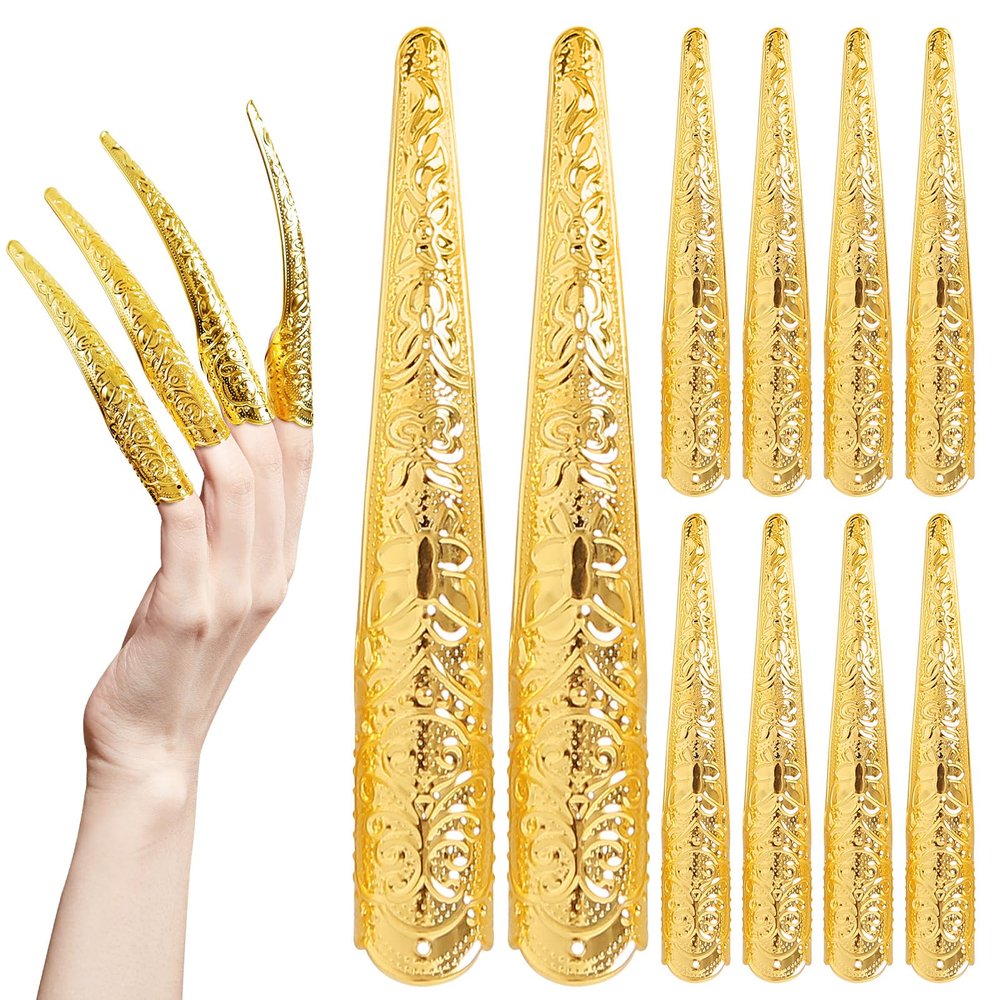 10PCS Long Finger Claws Fake Nail Rings Adjustable Women Halloween Costume Accessories Vampire Cosplay Gold