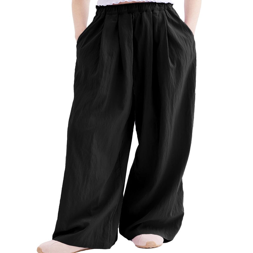 Rolanko Girls Wide Leg Pants Flowy Paperbag Summer Palazzo Trousers with Pockets Kids Linen Pants (Black, 10-12)