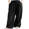 Rolanko Girls Wide Leg Pants Flowy Paperbag Summer Palazzo Trousers with Pockets Kids Linen Pants (Black, 10-12) view 1