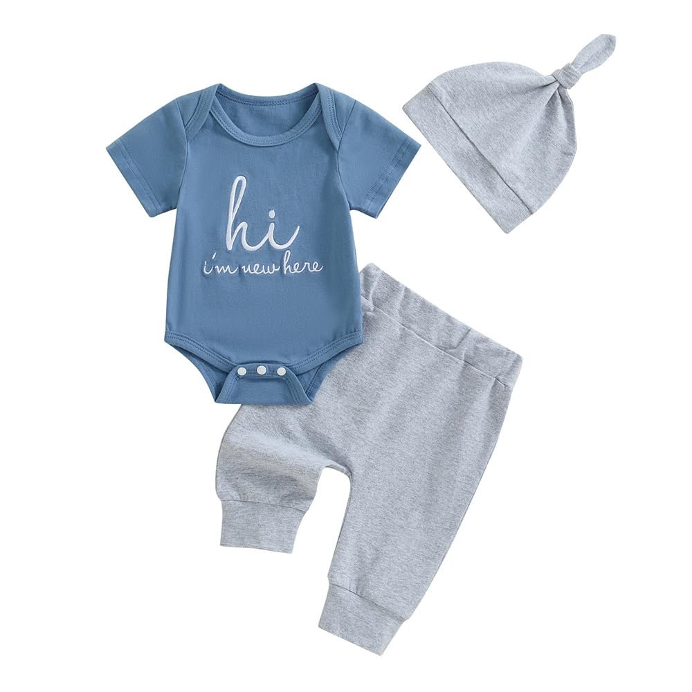 Twopumpkin Newborn Baby Boy Clothes Outfits Short Sleeve Romper Bodysuit Cotton Pants and Hat Coming Home Outfit (Embroidered Hi I'm New Here Blue Gray,0-3 Months)