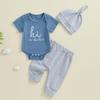 Twopumpkin Newborn Baby Boy Clothes Outfits Short Sleeve Romper Bodysuit Cotton Pants and Hat Coming Home Outfit (Embroidered Hi I'm New Here Blue Gray,0-3 Months) view 2