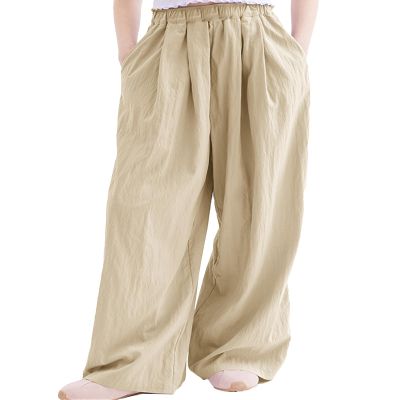 Rolanko Girls Wide Leg Pants Flowy Paperbag Summer Palazzo Trousers with Pockets Kids Linen Pants (Khaki, 10-12)