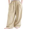 Rolanko Girls Wide Leg Pants Flowy Paperbag Summer Palazzo Trousers with Pockets Kids Linen Pants (Khaki, 10-12) view 1