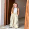 Rolanko Girls Wide Leg Pants Flowy Paperbag Summer Palazzo Trousers with Pockets Kids Linen Pants (Khaki, 10-12) view 2