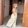 Rolanko Girls Wide Leg Pants Flowy Paperbag Summer Palazzo Trousers with Pockets Kids Linen Pants (Khaki, 10-12) view 3