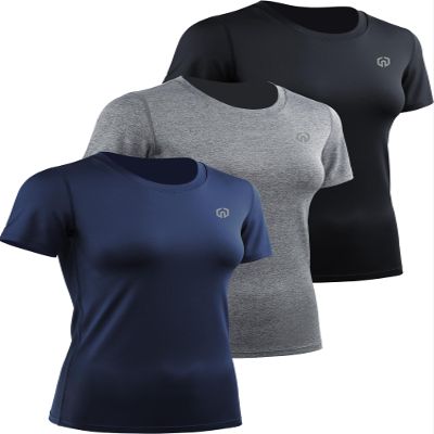 NELEUS Women's 3 Pack Athletic Running Shirt Workout Compression Shirts for Yoga Gym,8017,Black/Grey/Navy Blue,L