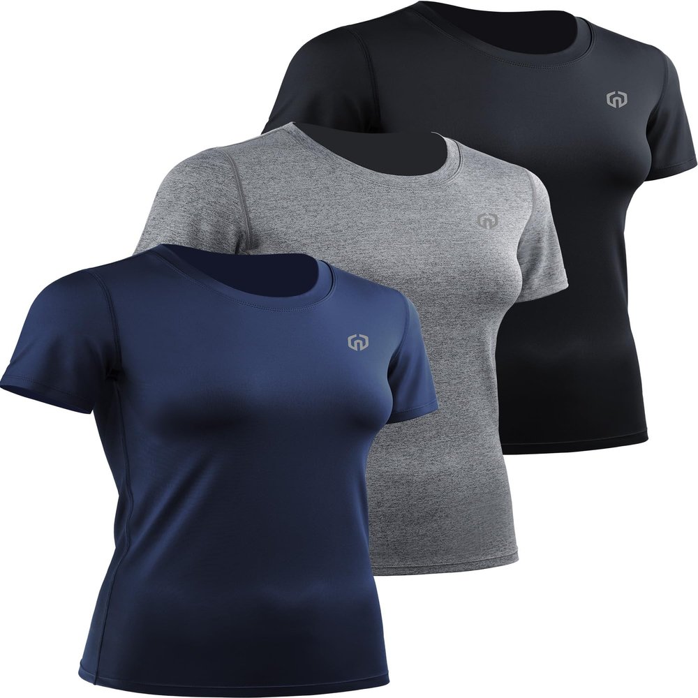 NELEUS Women's 3 Pack Athletic Running Shirt Workout Compression Shirts for Yoga Gym,8017,Black/Grey/Navy Blue,L