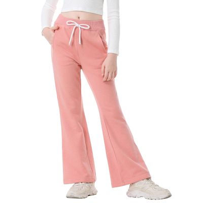 Rolanko Girls Flare Wide Leg Sweatpants Elastic Waist Bell Bottoms Pants for Kids Sweats with Pockets (Pink, 12-14)