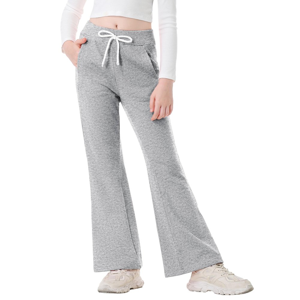 Rolanko Girls Flare Wide Leg Sweatpants Elastic Waist Bell Bottoms Pants for Kids Sweats with Pockets (Grey, 10-12)