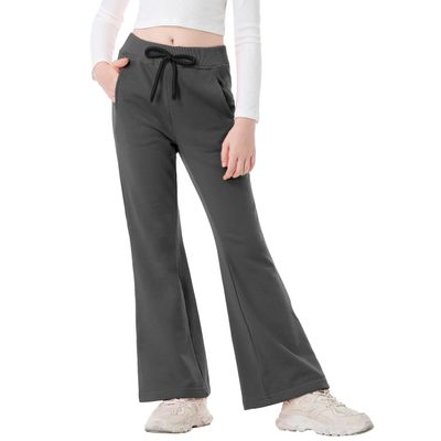 Rolanko Girls Flare Wide Leg Sweatpants Elastic Waist Bell Bottoms Pants for Kids Sweats with Pockets (Darkgrey, 14-16)