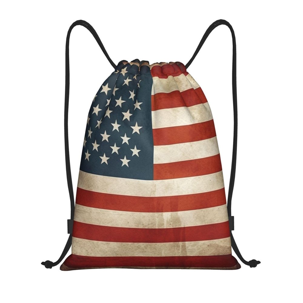 Dwrepo Vintage American USA Flag Drawstring Bags for Women Men Travel Backpack Gym Bag Waterproof Draw String Back Bag, Small