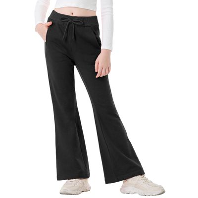 Rolanko Girls Flare Wide Leg Sweatpants Elastic Waist Bell Bottoms Pants for Kids Sweats with Pockets (Black, 14-16)