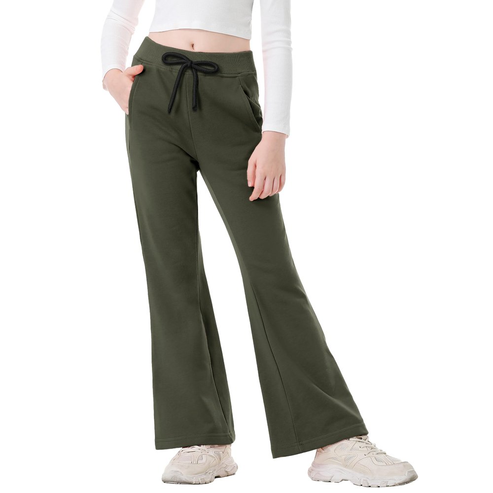 Rolanko Girls Flare Wide Leg Sweatpants Elastic Waist Bell Bottoms Pants for Kids Sweats with Pockets (Green, 14-16)