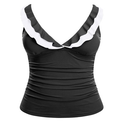 Yonique Women's Tankini Top Only Tummy Control Bathing Suit Top Ruffle Swimsuit Top V Neck Swim Tank Top No Bottom Black and White XL