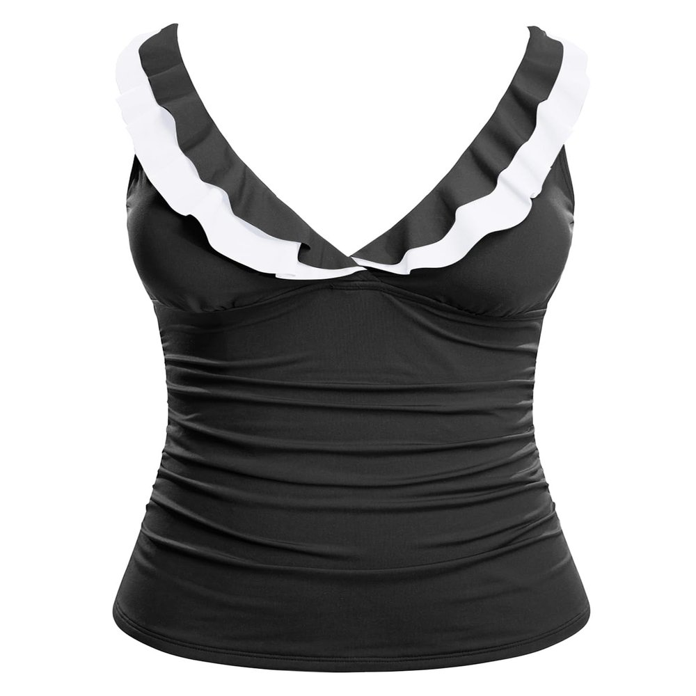 Yonique Women's Tankini Top Only Tummy Control Bathing Suit Top Ruffle Swimsuit Top V Neck Swim Tank Top No Bottom Black and White XL