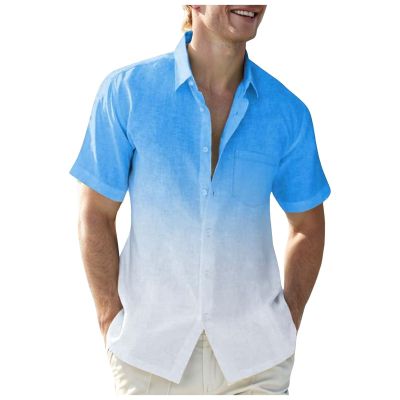 Generic Linen Shirts for Men Gradient Short Sleeve Casual Button Down Shirt Lightweight Summer Beach Regular Fit Hawaiian Shirt with Pocket, 4X-Large