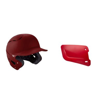 Bundle of Mizuno B6 Adult Baseball Batting Helmet, Cardinal, Small/Medium + Mizuno Batters Face Protector, Cardinal, Right Hand Batter