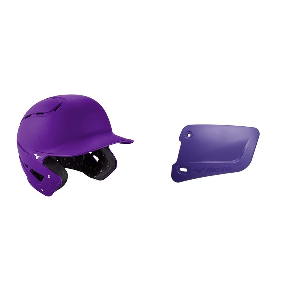 Bundle of Mizuno B6 Adult Baseball Batting Helmet, Purple, Large/X-Large + Mizuno Batters Face Protector, Purple, Left Hand Batter