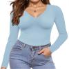 Ekouaer Long Sleeve Shirts for Women Fashion V Neck Basics Tops Lightweight Base Layer Slim Fit Top Light Blue S view 1