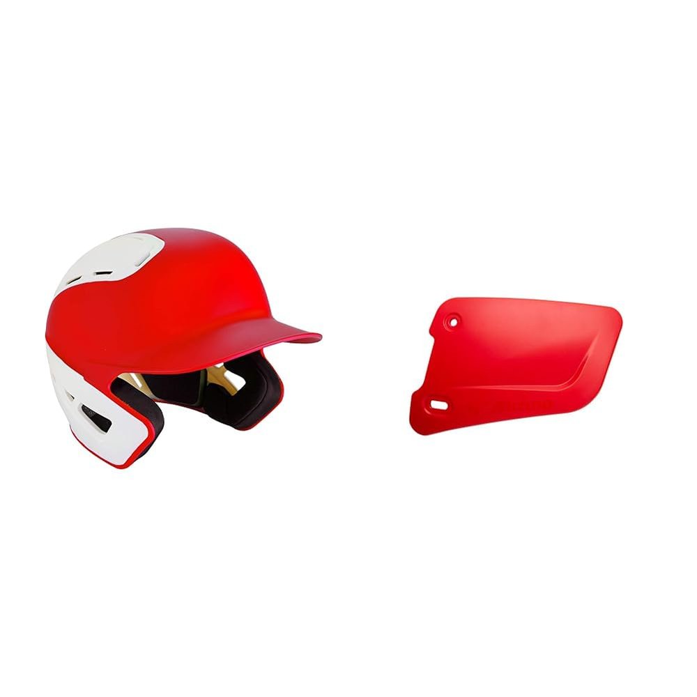 Bundle of Mizuno B6 Youth Baseball Batting Helmet, RED-White, Youth OSFM + Mizuno Batters Face Protector, Red, Left Hand Batter