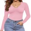 Ekouaer Long Sleeve Shirts for Women Fashion V Neck Basics Tops Lightweight Base Layer Slim Fit Top Pink S view 1