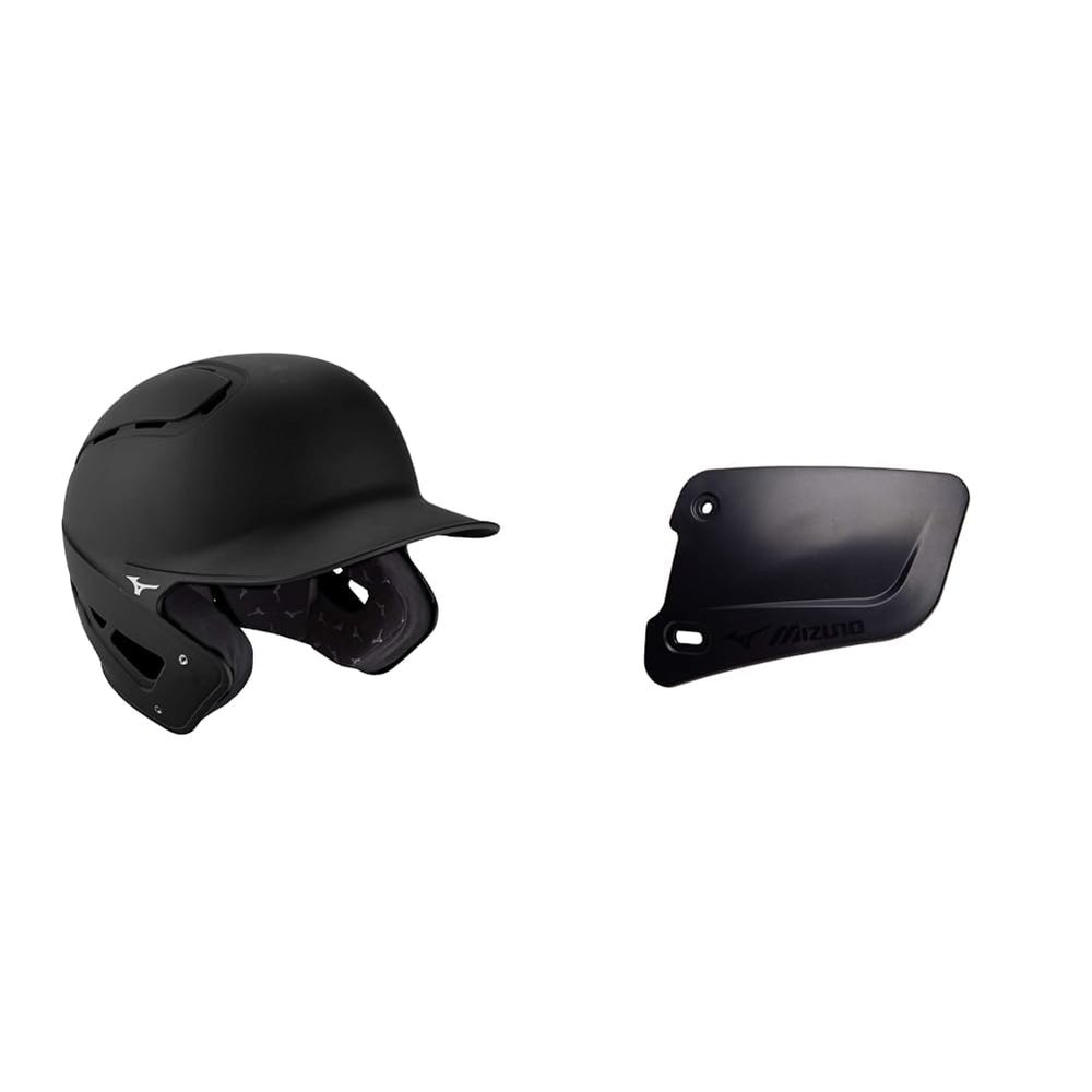 Bundle of Mizuno B6 Adult Baseball Batting Helmet, Black, Small/Medium + Mizuno Batters Face Protector, Black, Left Hand Batter