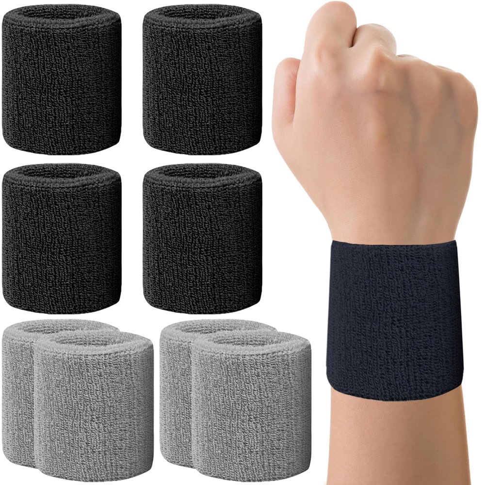 8 Pack Wrist Sweatbands Tennis Wrist Bands Absorbent Sweat Band for Men and Women, Football, Basketball, Running Athletic Sports -Black & Gray