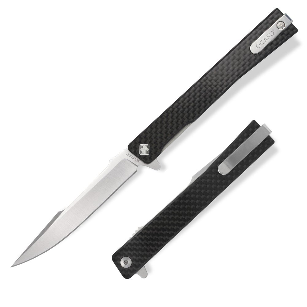 OCASO - Solstice Gentleman's Knife, 3.5" S35VN Steel, Titanium or Carbon Fiber, Ambidextrous Deep Carry Pocket Clip, Harpoon Blade 9HFS