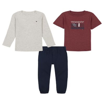 Tommy Hilfiger Baby Boy's 3-Piece Set, Knit T-Shirt, Jogger Sweatpant, Cabernet/Tan Heather/Navy Blazer, 12 Months