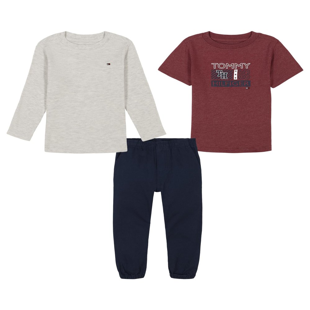 Tommy Hilfiger Baby Boy's 3-Piece Set, Knit T-Shirt, Jogger Sweatpant, Cabernet/Tan Heather/Navy Blazer, 12 Months