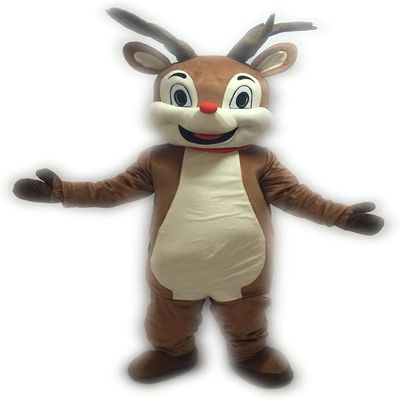 Cute Red Nose Rudolph Reindeer Mascot Costume Adult Size for Men & Women with Built-in Fan Inside the Head