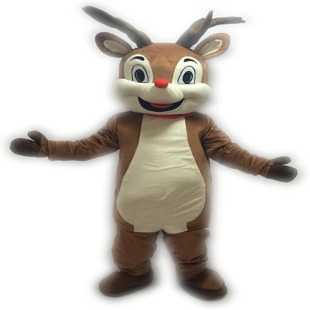 Cute Red Nose Rudolph Reindeer Mascot Costume Adult Size for Men & Women with Built-in Fan Inside the Head