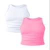 OQQ Women's 2 Piece Tank Tops Crew Neck Sleeveless Basic Stretch Casusal Yoga Crop Camis Fluorescent Pink White view 1