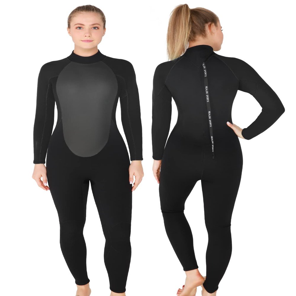 REALON Full Wetsuit Mens Womens 4/3mm Neoprene Diving Scuba Triathlon Wet Suits Cold Water Keep Warm Back Zipper Long Sleeve Thermal Swimsuit