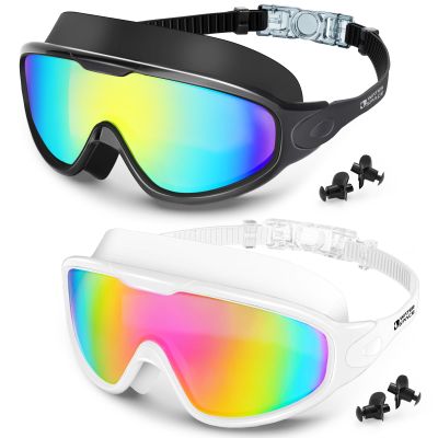 Water Space 2 Pack Swim Goggles for Adult Youth, 180 Panoramic Wide View Clear Vision UV Protection Anti-fog Waterproof Large Unique Frame No Leak Soft Silicone Swimming Water Pool Gear for Men Women