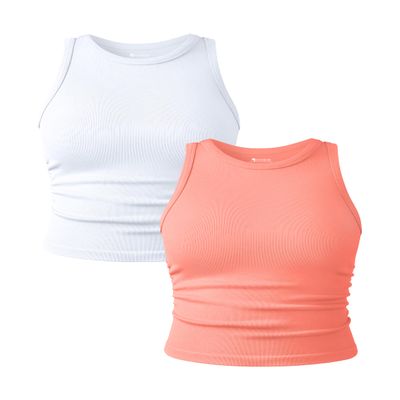 OQQ Women's 2 Piece Tank Tops Crew Neck Sleeveless Basic Stretch Casusal Yoga Crop Camis Coral Orange White