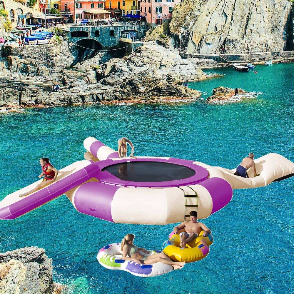 TAPIVA Inflatable Water Trampoline, 10Ft/13Ft/16Ft Leisure Water Trampoline, PVC with Slide/Tube/Jumping Pillow Bag, Lake Trampoline, Swimming Platform, Lake Inflatable with Slide, purple